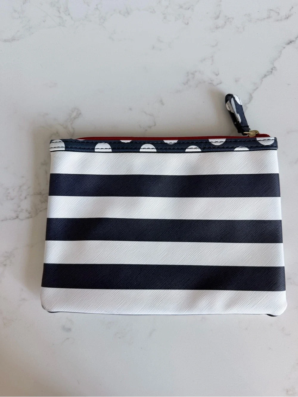 Striped Navy and White Zip Pouch with Red Lining